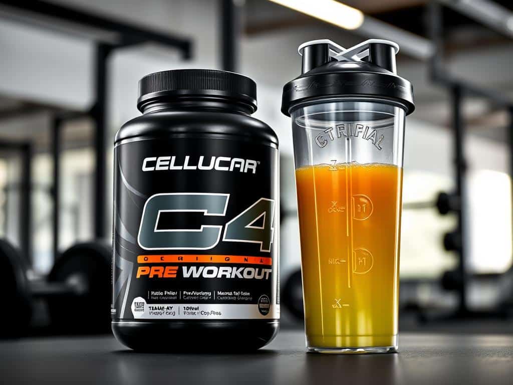 Cellucor C4 Original Pre-Workout container with a mixed serving in a shaker cup Cellucor C4 Original Pre-Workout container with a mixed serving in a shaker cup