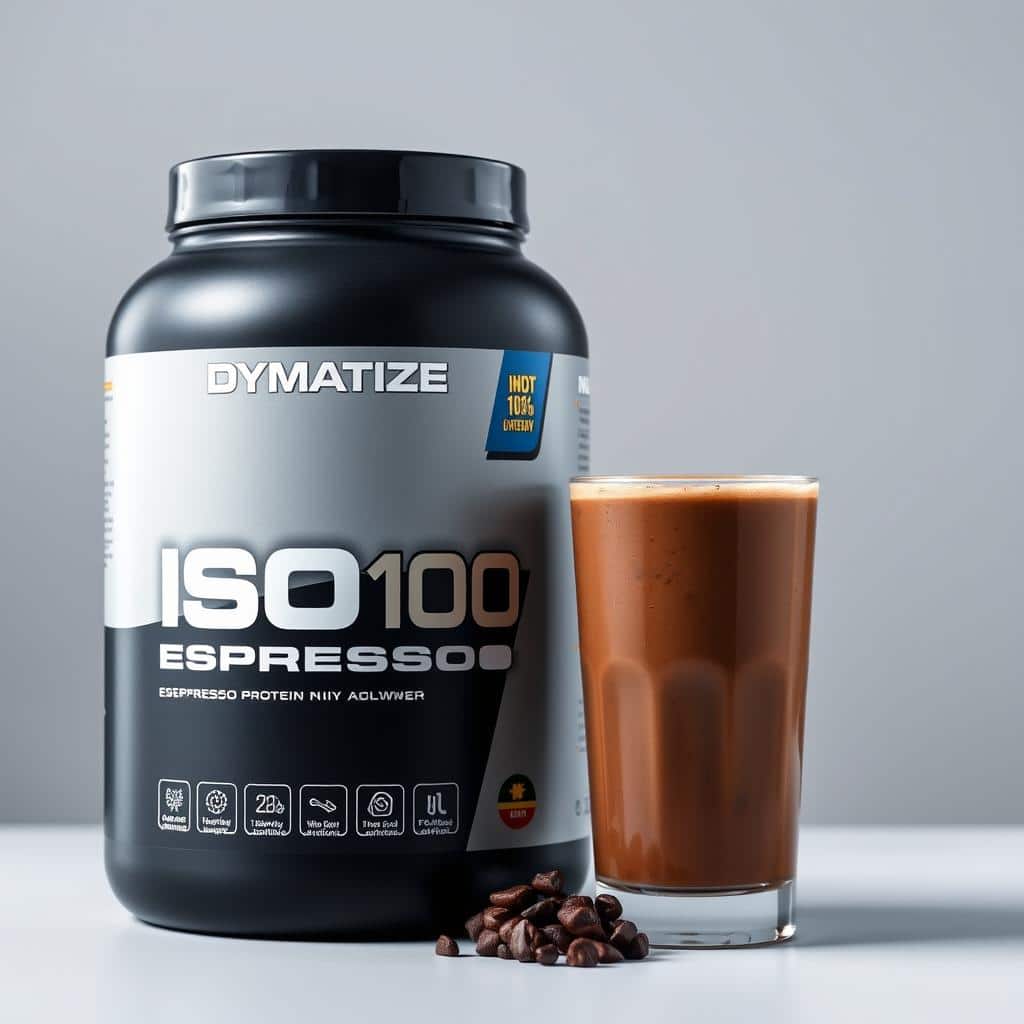 Dymatize ISO100 Espresso protein powder with a dark espresso protein shake Dymatize ISO100 Espresso protein powder with a dark espresso protein shake