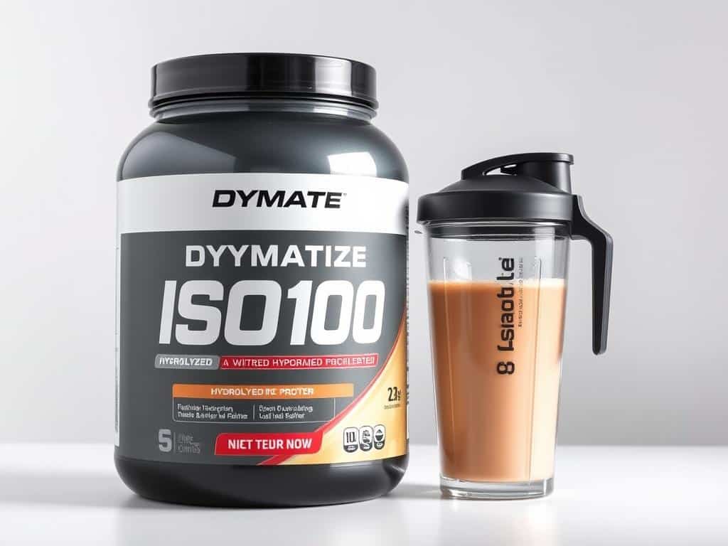 Dymatize ISO100 Hydrolyzed protein powder container with a protein shake in a shaker cup Dymatize ISO100 Hydrolyzed protein powder container with a protein shake in a shaker cup