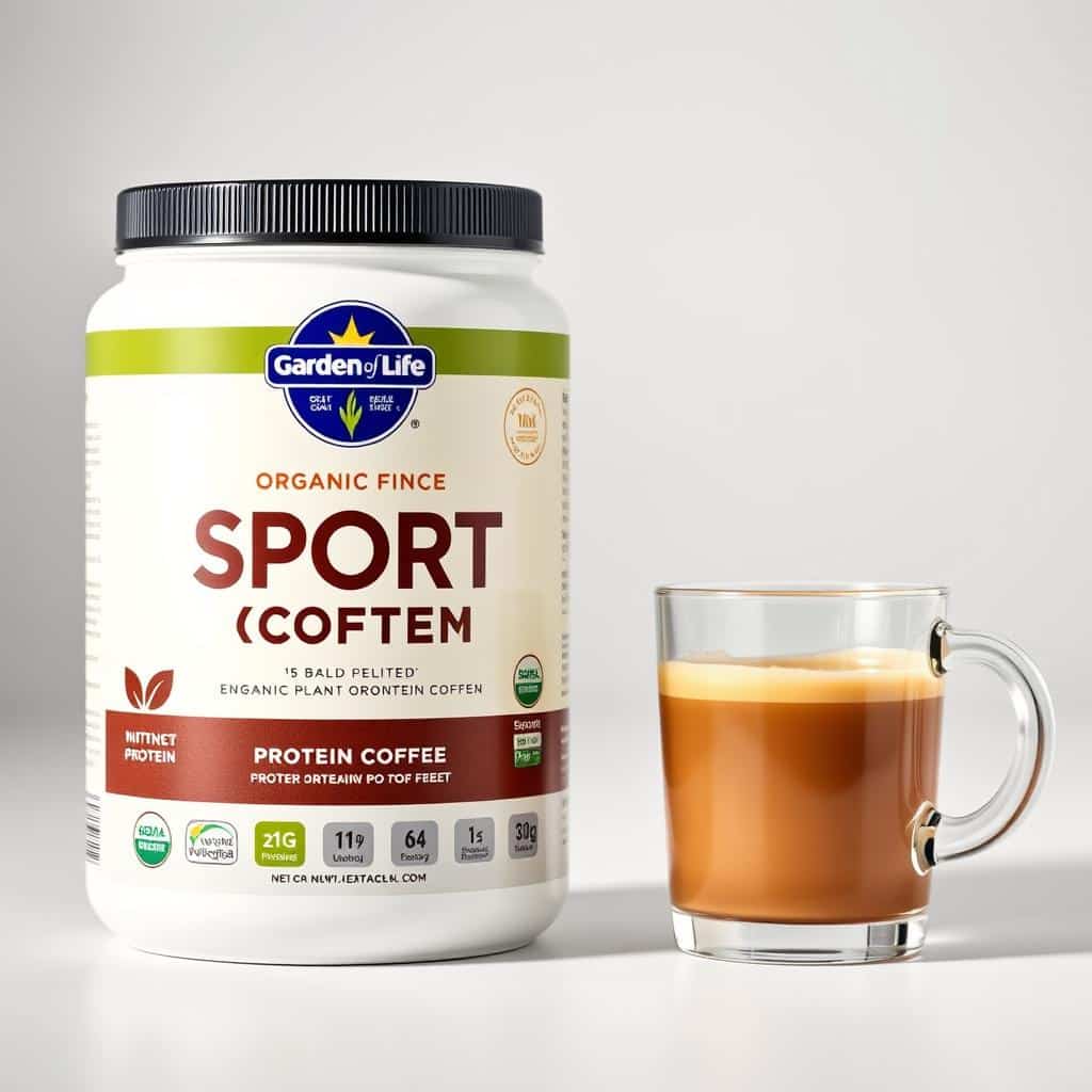 Garden of Life Sport Organic Plant Protein Coffee container with a protein coffee in a glass mug Garden of Life Sport Organic Plant Protein Coffee container with a protein coffee in a glass mug