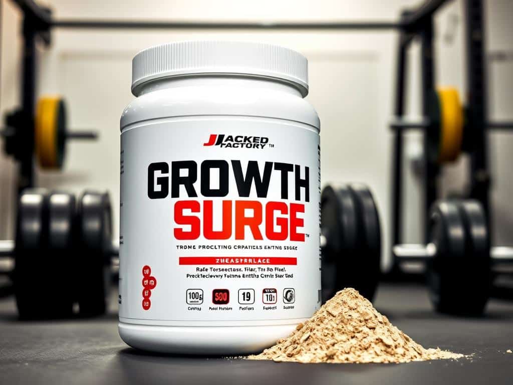 Jacked Factory Growth Surge container with a scoop of powder beside it Jacked Factory Growth Surge container with a scoop of powder beside it