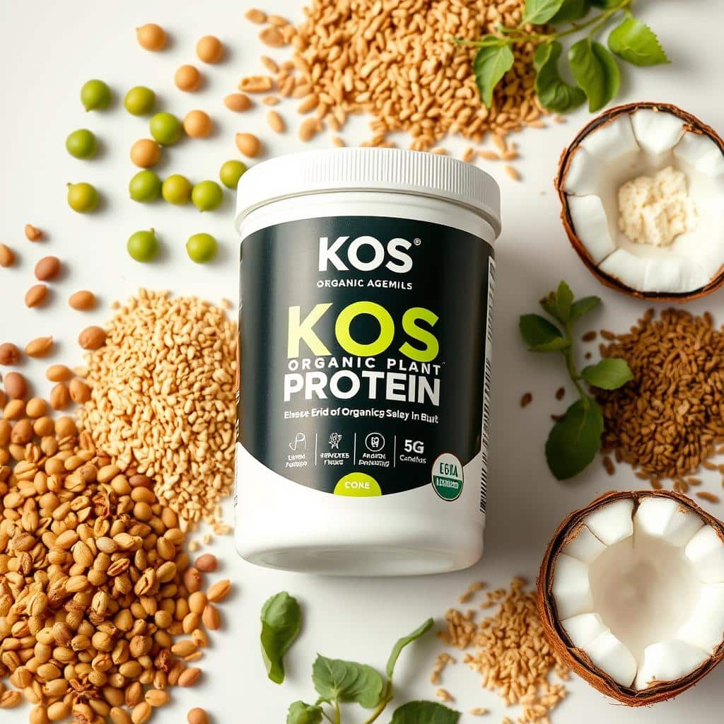 KOS Organic Plant Protein container with ingredients spread around it KOS Organic Plant Protein container with ingredients spread around it