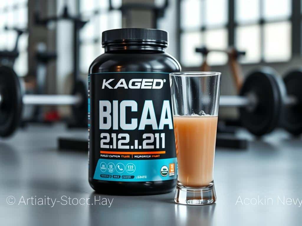 Kaged Muscle BCAA 2:1:1 container with a mixed serving in a glass showing its clarity Kaged Muscle BCAA 2:1:1 container with a mixed serving in a glass showing its clarity