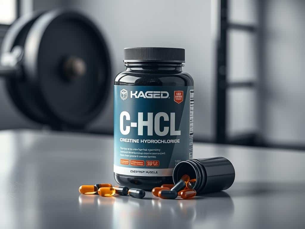 Kaged Muscle C-HCl Creatine Hydrochloride container with capsules displayed beside it Kaged Muscle C-HCl Creatine Hydrochloride container with capsules displayed beside it