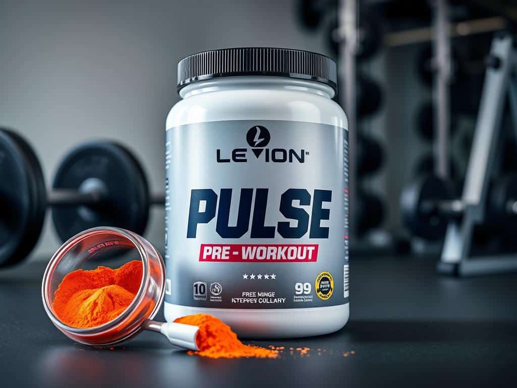 Legion Pulse Pre-Workout container with a scoop of brightly colored powder Legion Pulse Pre-Workout container with a scoop of brightly colored powder