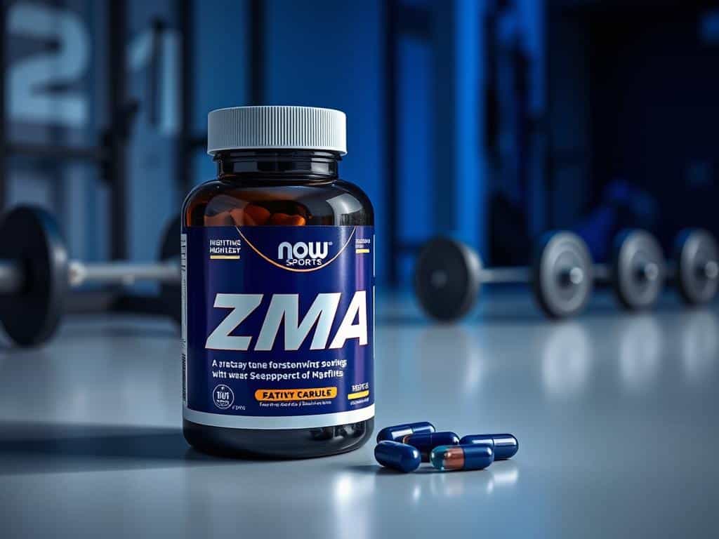 NOW Sports ZMA bottle with capsules displayed beside it NOW Sports ZMA bottle with capsules displayed beside it