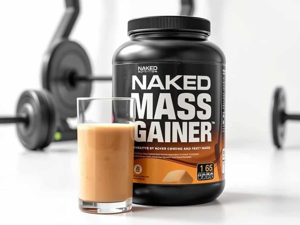 Naked Nutrition Mass Gainer container with a prepared shake showing its thick consistency Naked Nutrition Mass Gainer container with a prepared shake showing its thick consistency