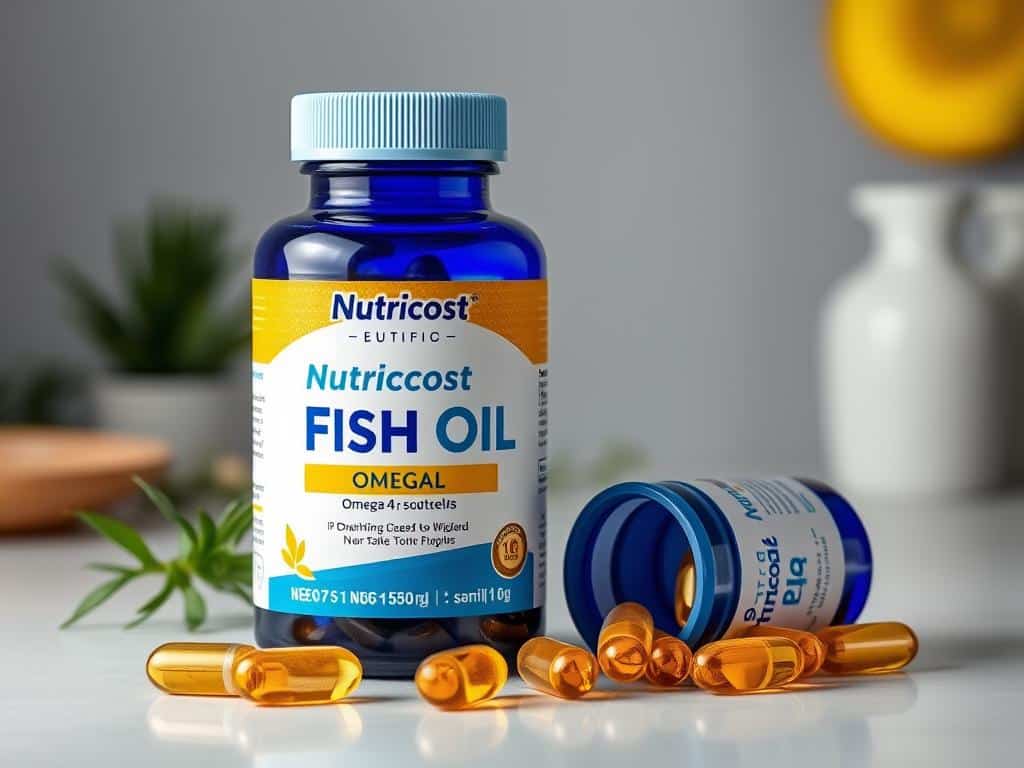 Nutricost Fish Oil bottle with omega-3 softgels displayed beside it Nutricost Fish Oil bottle with omega-3 softgels displayed beside it