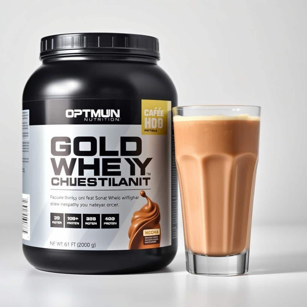 Optimum Nutrition Gold Standard Café Mocha protein powder with a mocha protein shake Optimum Nutrition Gold Standard Café Mocha protein powder with a mocha protein shake