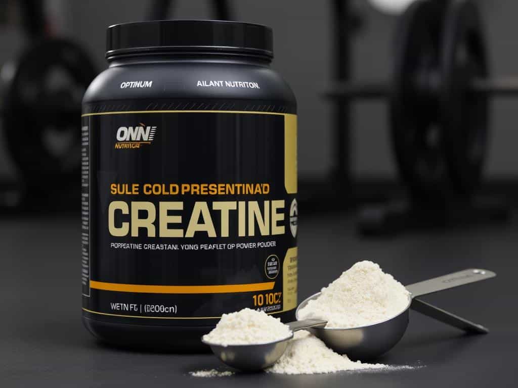 Optimum Nutrition Gold Standard Creatine container with a measuring scoop beside it Optimum Nutrition Gold Standard Creatine container with a measuring scoop beside it