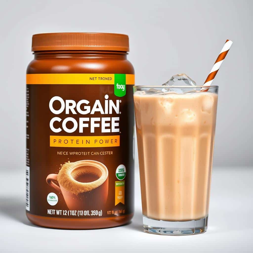 Orgain Organic Coffee Protein Powder container with iced coffee protein shake Orgain Organic Coffee Protein Powder container with iced coffee protein shake