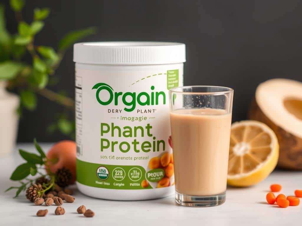 Orgain Organic Plant Protein container with a glass of mixed plant protein beside it Orgain Organic Plant Protein container with a glass of mixed plant protein beside it