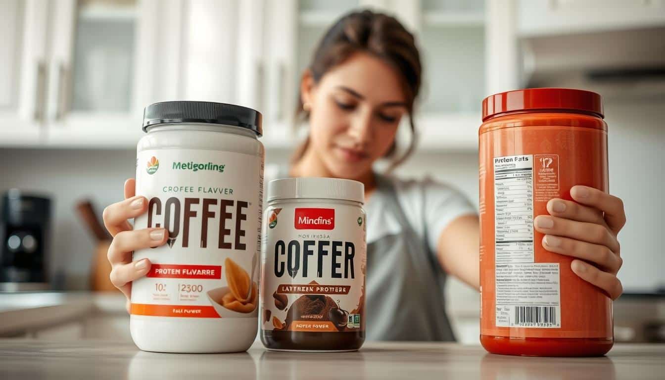 Person comparing different coffee flavored protein powders in a kitchen setting Person comparing different coffee flavored protein powders in a kitchen setting
