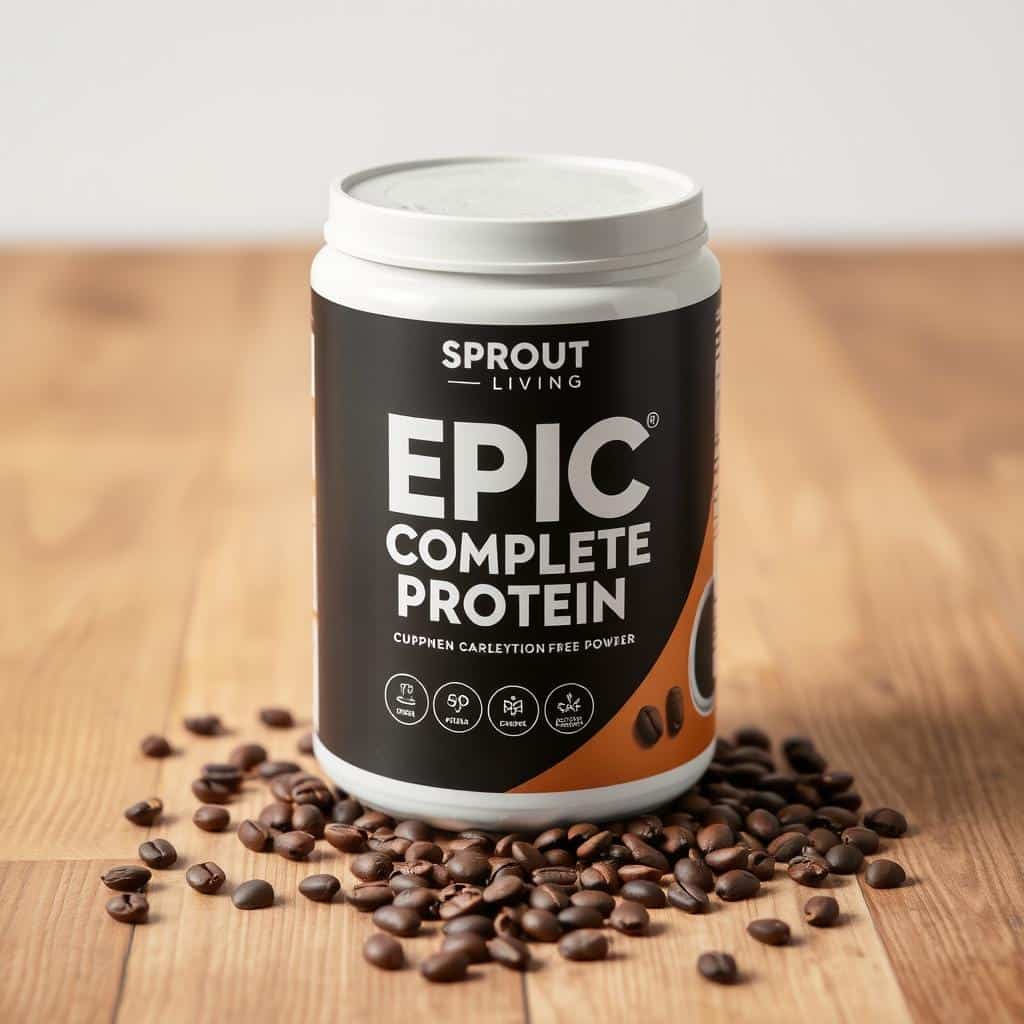 Sprout Living Epic Complete Coffee Protein powder container with coffee beans scattered around it Sprout Living Epic Complete Coffee Protein powder container with coffee beans scattered around it
