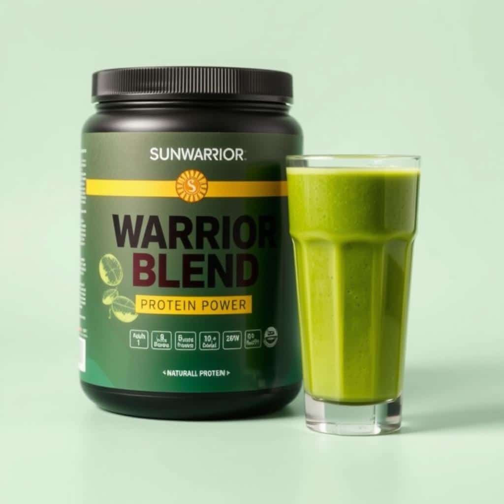 Sunwarrior Warrior Blend protein powder container with a smoothie Sunwarrior Warrior Blend protein powder container with a smoothie