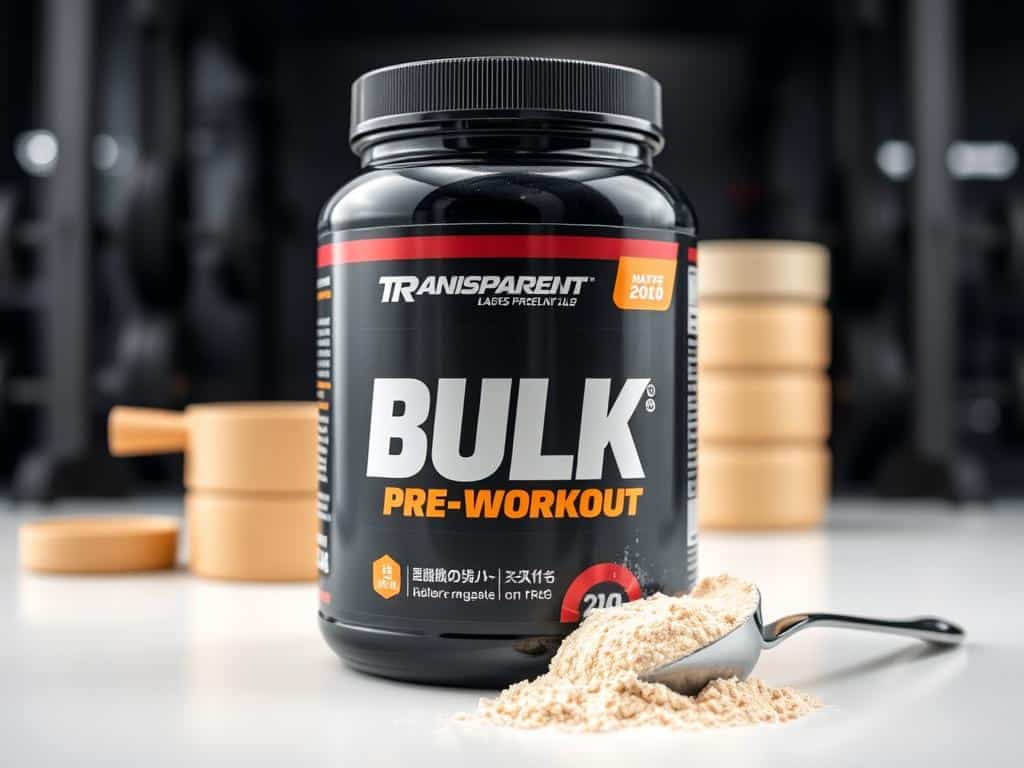 Transparent Labs BULK Pre-Workout container with a scoop showing the powder's texture Transparent Labs BULK Pre-Workout container with a scoop showing the powder's texture