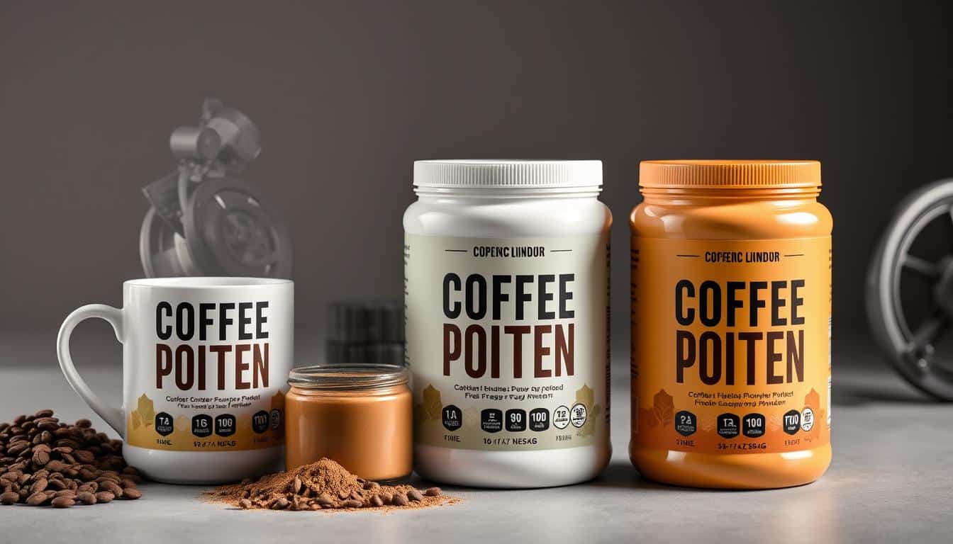 Various coffee flavored protein powders arranged with a coffee cup and fitness equipment