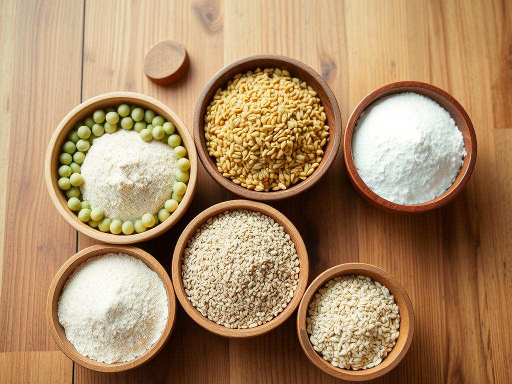 Various vegan protein powder ingredients in separate bowls Various vegan protein powder ingredients in separate bowls