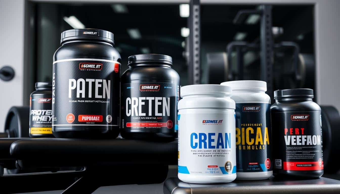 Various workout supplements for men including protein powder, creatine, and pre-workout formulas arranged on a gym bench