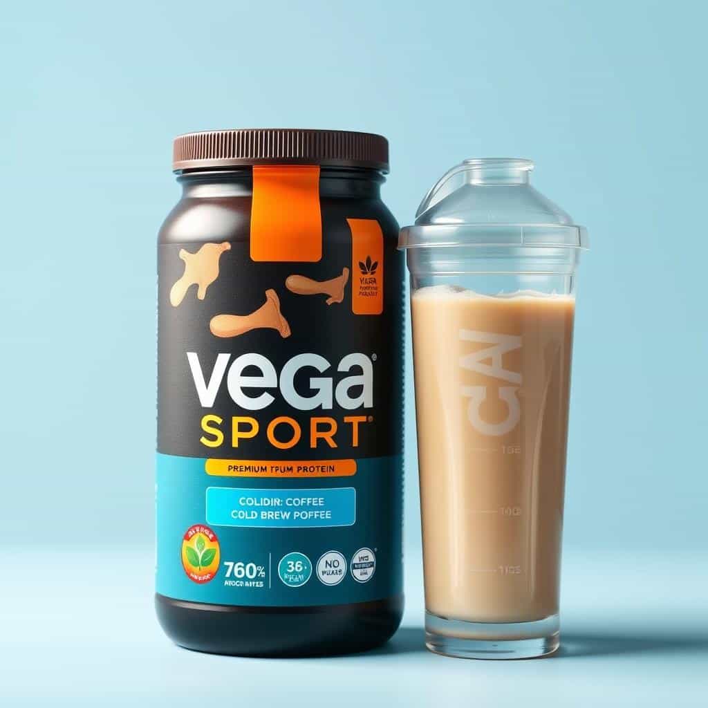 Vega Sport Premium Protein Cold Brew Coffee container with a protein shake in a shaker bottle Vega Sport Premium Protein Cold Brew Coffee container with a protein shake in a shaker bottle