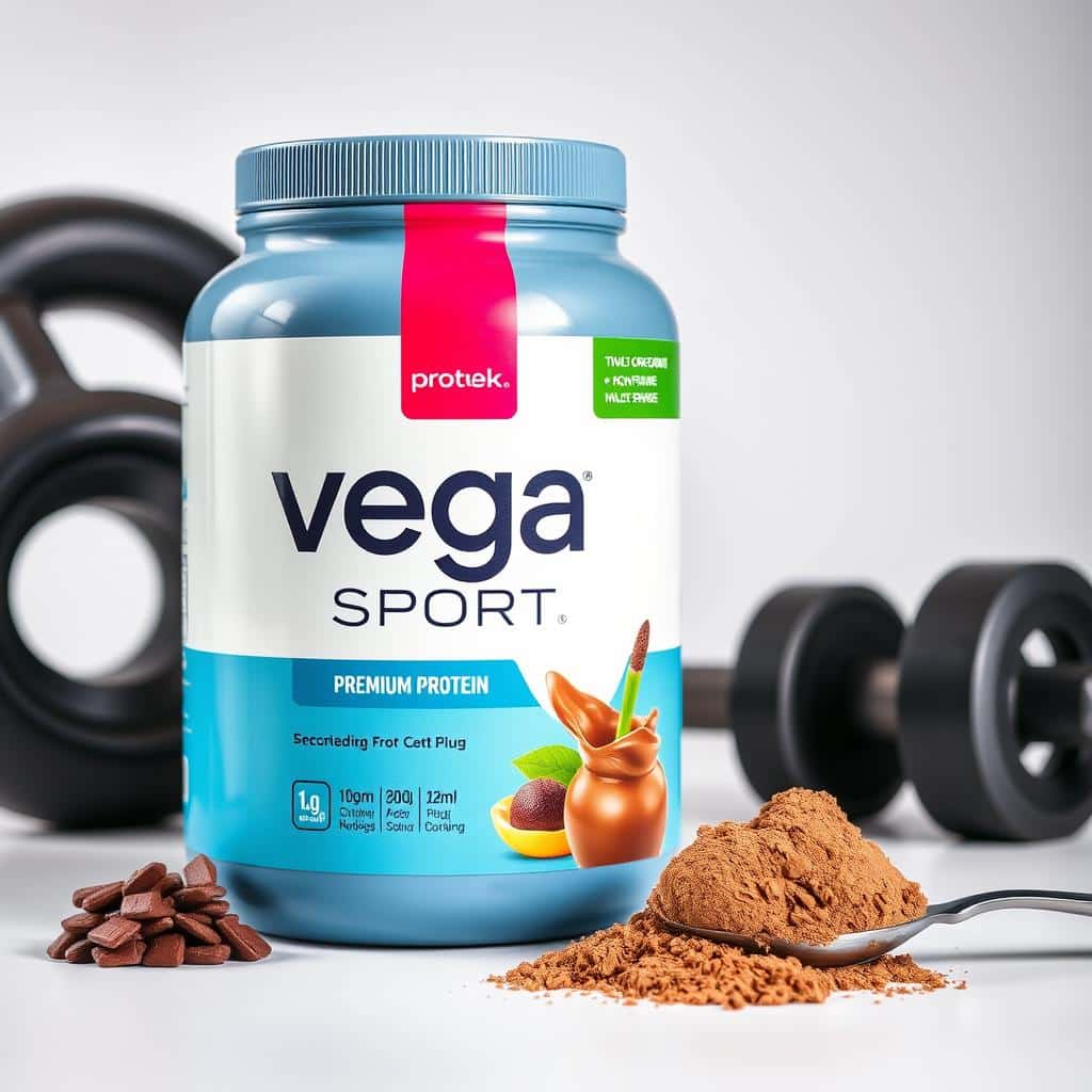 Vega Sport Premium Protein container with a scoop of protein powder and exercise equipment Vega Sport Premium Protein container with a scoop of protein powder and exercise equipment