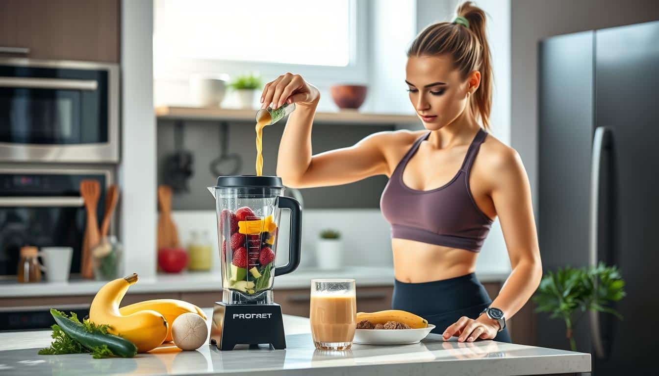 Woman preparing a vegan protein shake with fruits and vegetables Woman preparing a vegan protein shake with fruits and vegetables
