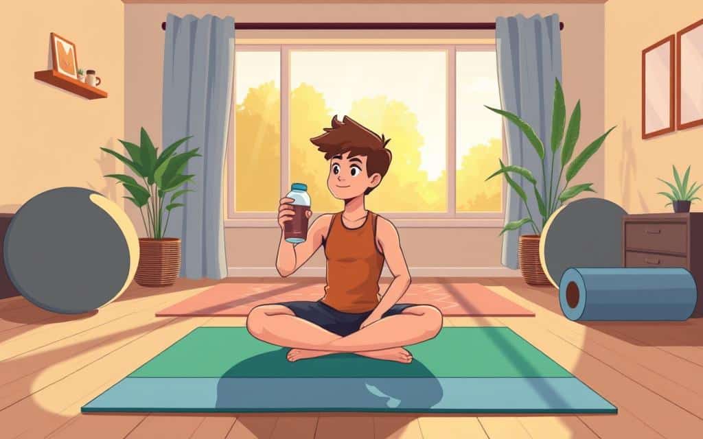 A cozy, well-lit home gym after an intense workout session. In the foreground, a young athlete sits on a yoga mat, sipping a protein shake and gently stretching their muscles. Mid-ground, a large exercise ball and foam roller invite post-workout recovery. The background features a large window, bathing the scene in warm, golden afternoon light. Calming instrumental music plays softly in the background, creating a serene, restorative atmosphere. The overall mood is one of peaceful rejuvenation, highlighting the importance of proper cool-down and self-care after a challenging fitness routine.