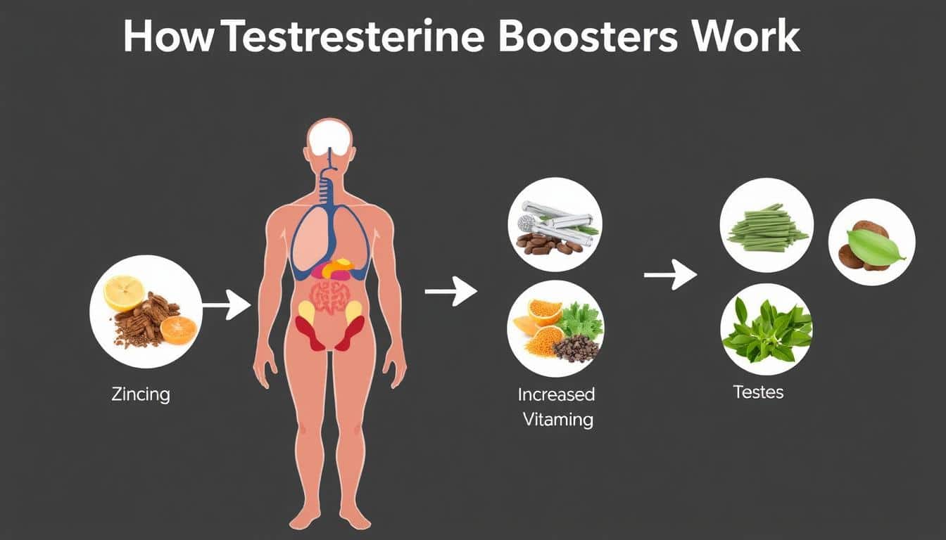 Diagram showing how testosterone boosters work in the body to increase testosterone levels Diagram showing how testosterone boosters work in the body to increase testosterone levels
