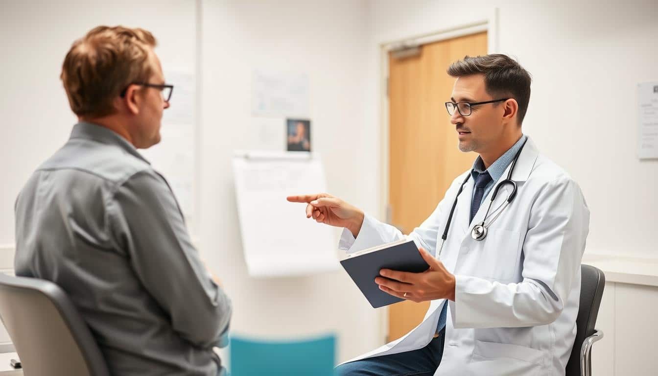 Doctor discussing potential side effects of testosterone boosters with a patient Doctor discussing potential side effects of testosterone boosters with a patient