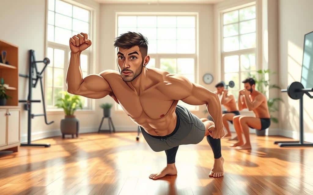 Muscles flexing in a bright, airy home gym. A man performs a series of dynamic morning exercises - pushups, pullups, squats - illuminated by natural light streaming through large windows. His form is perfect, every contraction and extension captured in crisp detail. Shiny hardwood floors, minimalist decor, and a sense of calm focus pervade the scene. The man's expression is determined yet serene, his body a well-oiled machine primed for growth and recovery. Cinematic wide-angle perspective showcases the full range of motion, with a keen eye for capturing the physique in its most powerful, functional state.