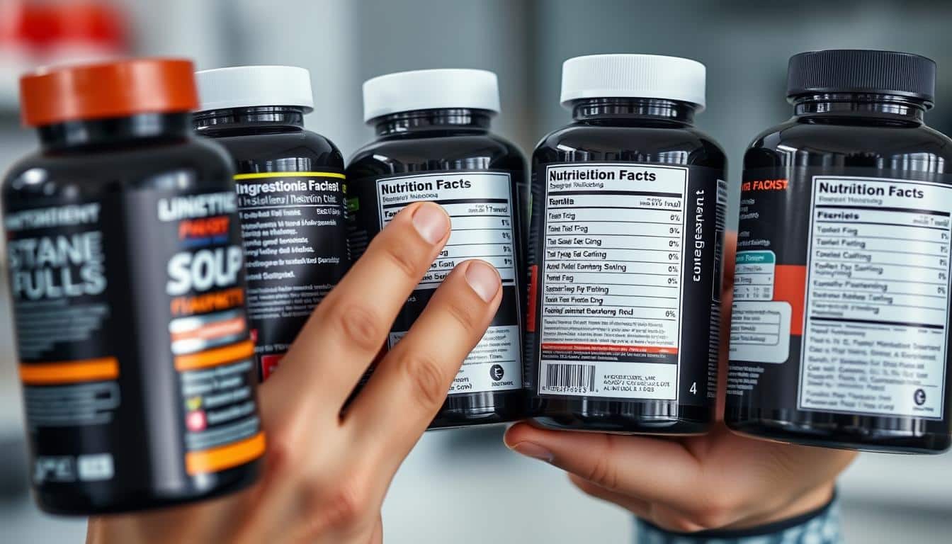 Person examining testosterone booster supplement labels to choose the best testosterone booster in market Person examining testosterone booster supplement labels to choose the best testosterone booster in market