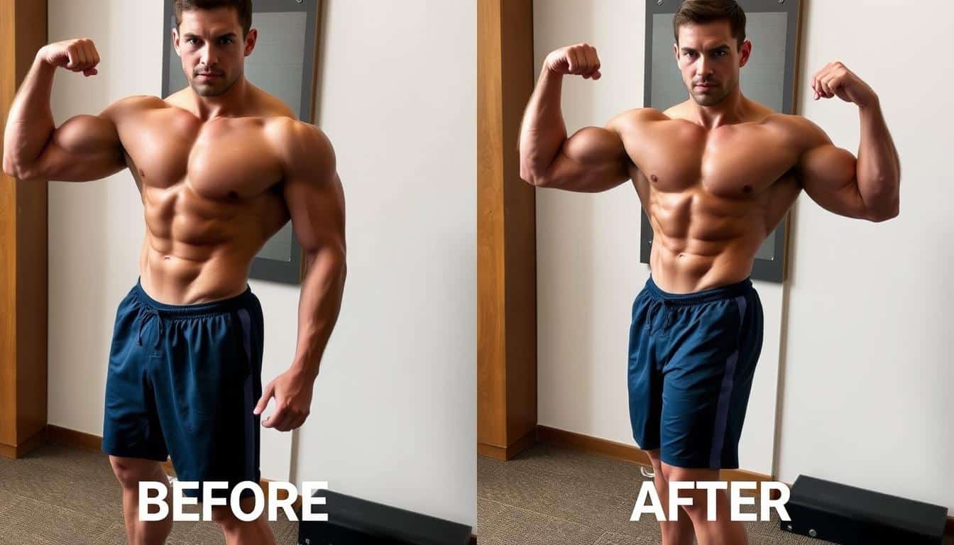 Before and after comparison of an athlete showing muscle development over time with creatine use