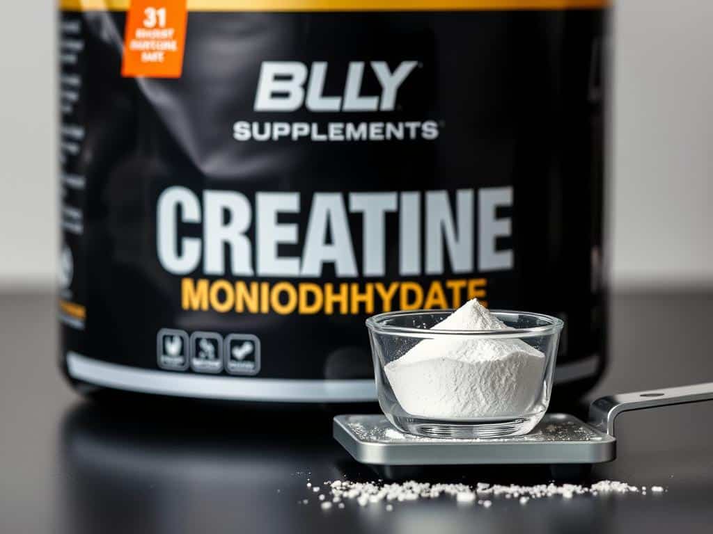 Bulk Supplements Creatine Monohydrate package with powder being measured