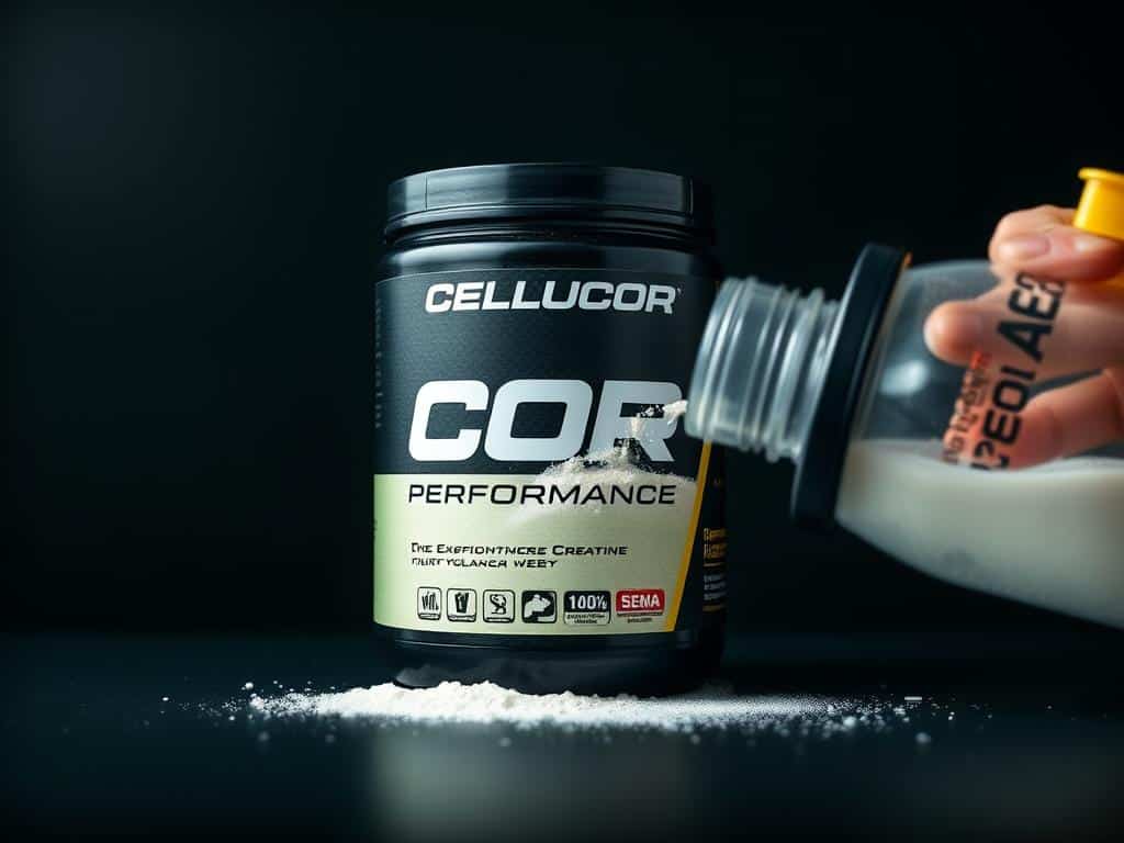 Cellucor COR-Performance Creatine container with powder being mixed in a shaker