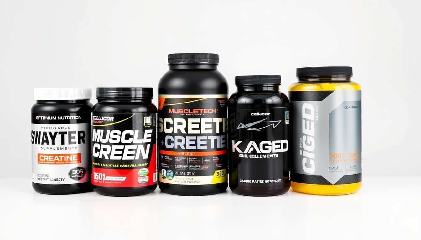 Five different creatine supplement containers displayed side by side