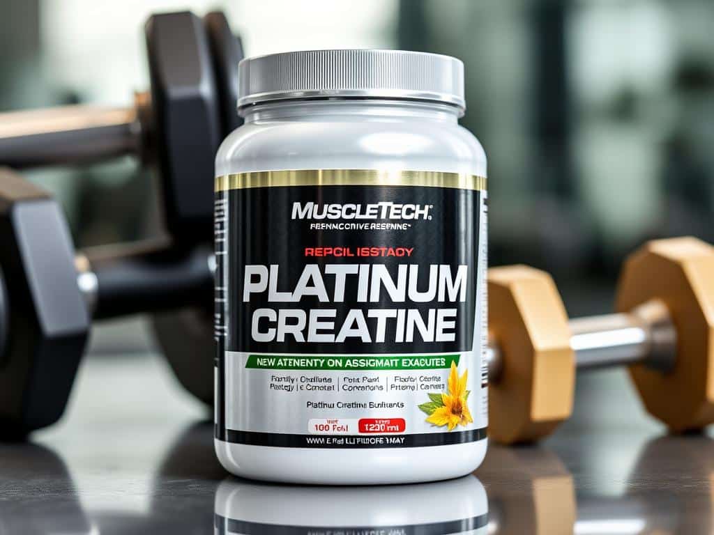 MuscleTech Platinum Creatine container with workout equipment in background