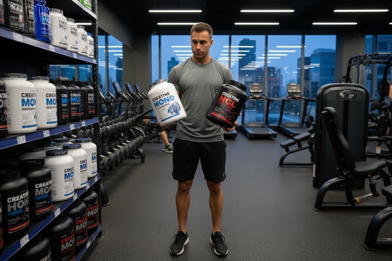 Person choosing between creatine monohydrate and HCL containers in a gym setting