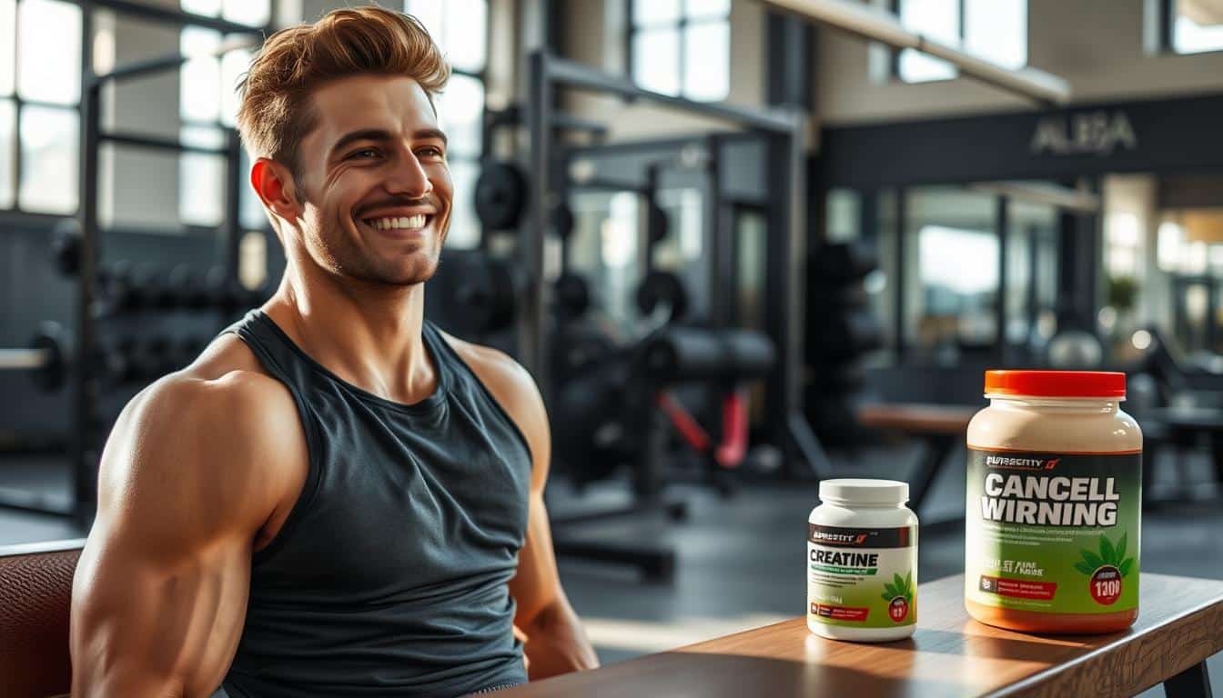 Person looking satisfied after workout with creatine supplement visible nearby