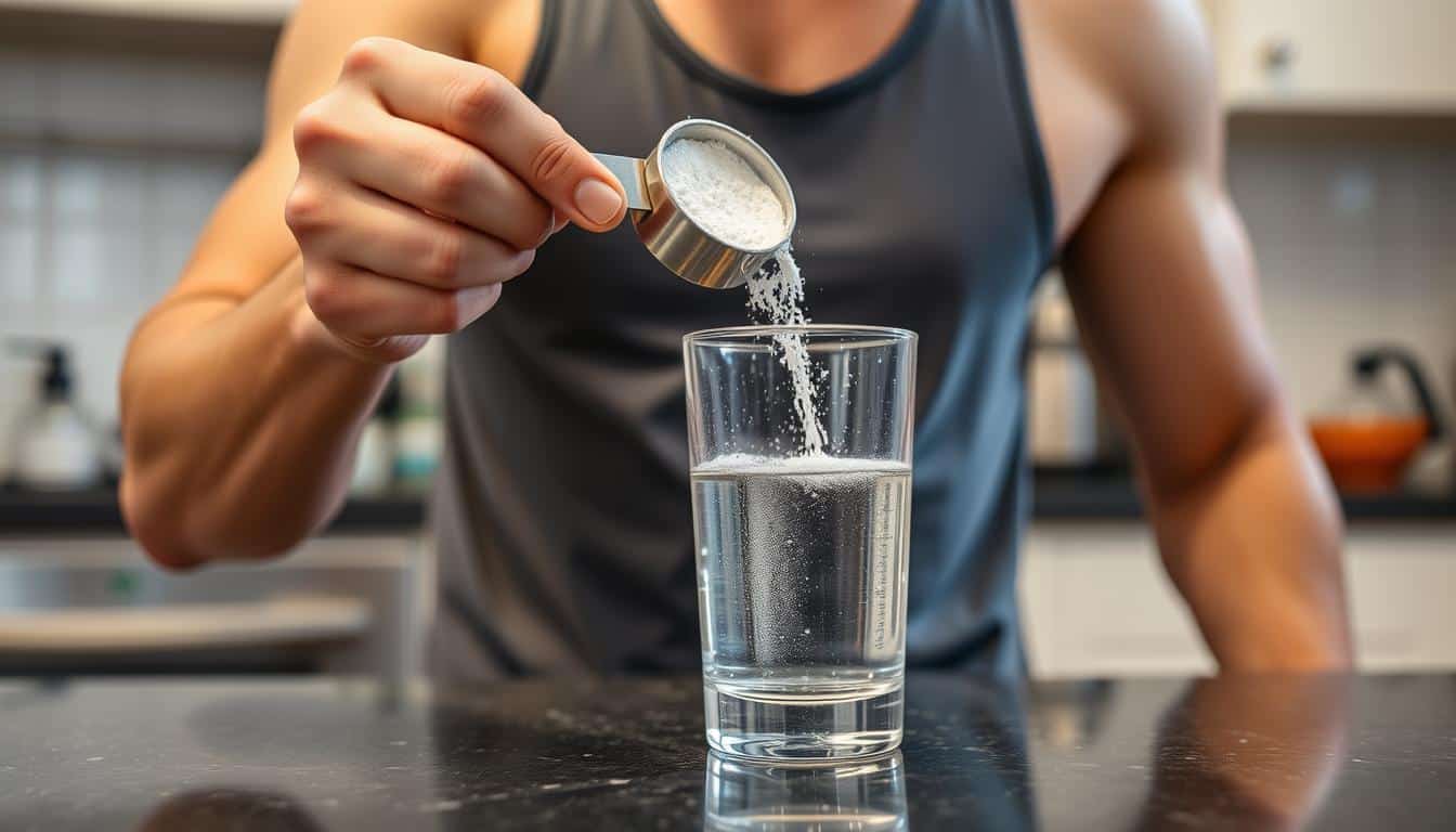Person measuring creatine powder with a scoop and mixing it in water