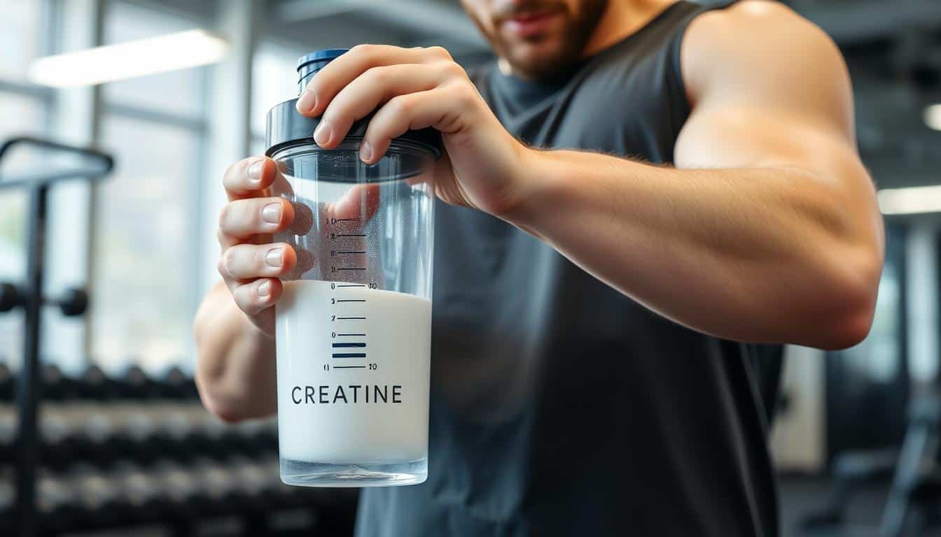 Person mixing creatine supplement in a shaker bottle before workout
