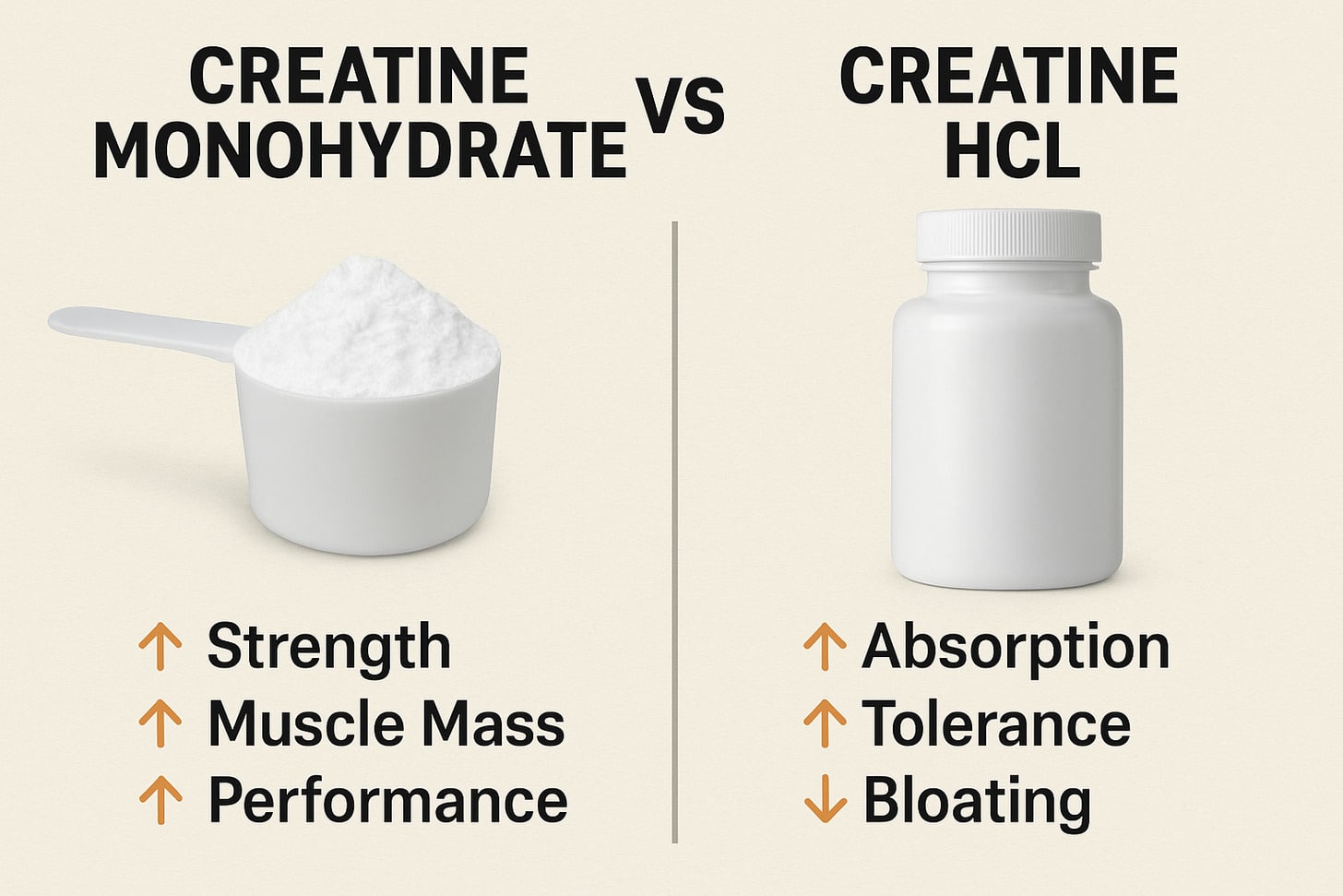 Side by side comparison of creatine monohydrate and HCL with performance benefits