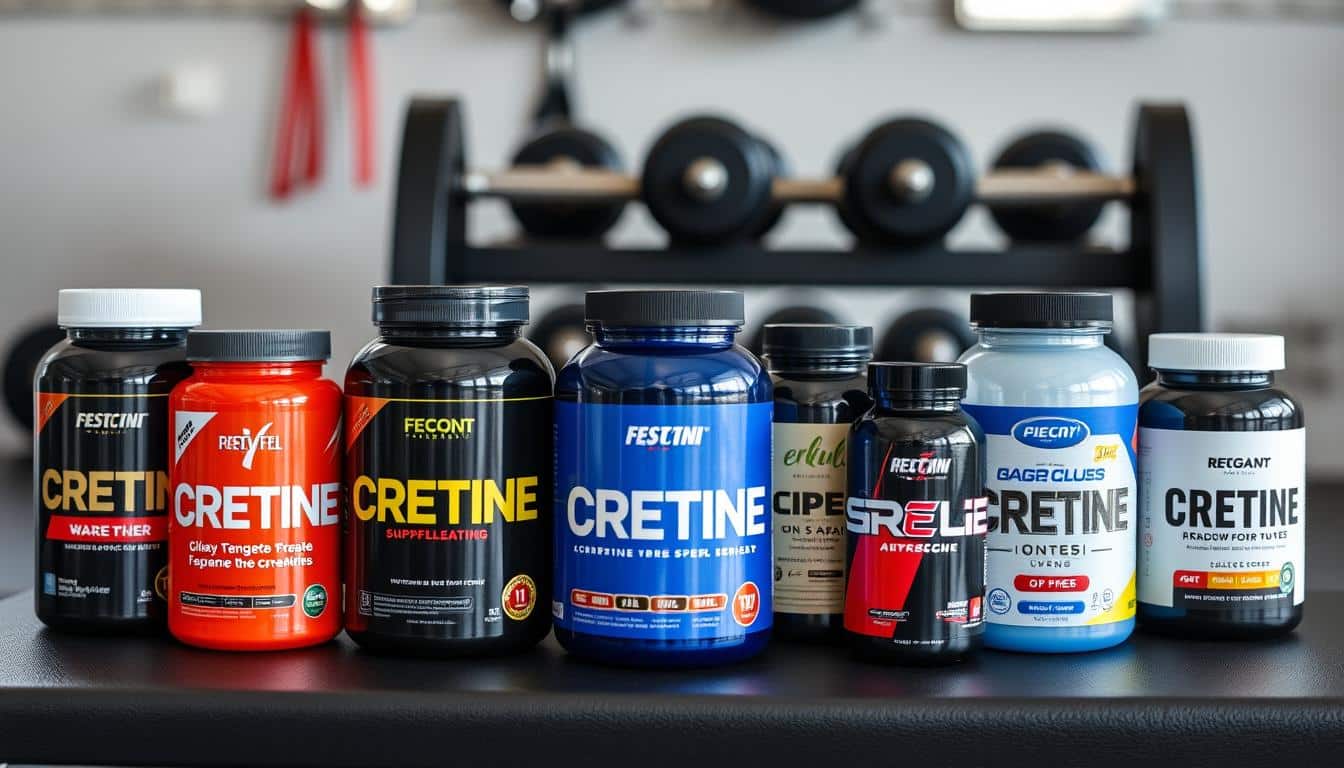 Various creatine supplement containers arranged on a workout bench with dumbbells