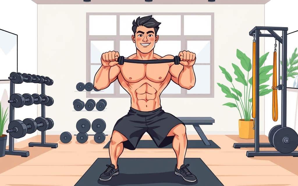 A dynamic home gym setup with a muscular individual performing a push-pull-legs routine. The foreground features the person mid-exercise, their body in perfect form as they push against resistance bands. The middle ground showcases an array of free weights, resistance bands, and a simple workout bench, all arranged neatly. The background is a minimalist, well-lit home studio with clean lines and natural lighting filtering in through large windows, creating a motivating and focused atmosphere.