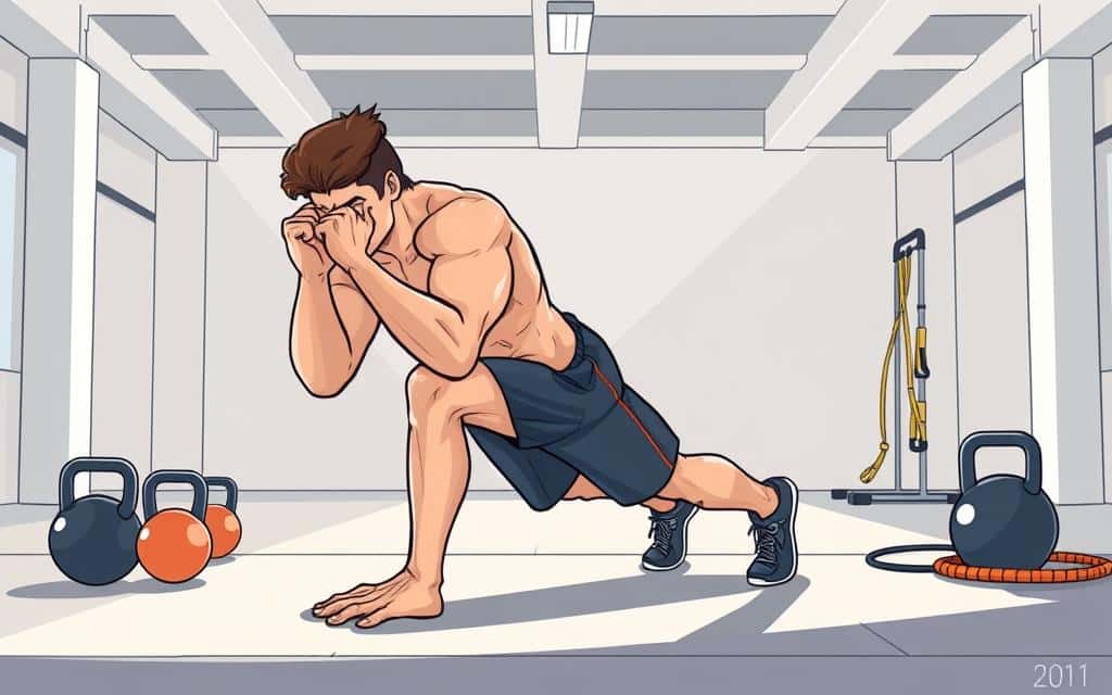 A high-intensity interval training (HIIT) session in a minimalist, well-lit gym setting. In the foreground, a determined athlete performing a powerful burpee, their muscles straining with effort. The middle ground showcases a series of sleek, modern exercise equipment - kettlebells, battle ropes, and resistance bands. In the background, a clean, expansive space with concrete floors and exposed beams, creating an atmosphere of focus and efficiency. Soft, directional lighting casts dramatic shadows, highlighting the subject's dynamic movement and the intensity of the workout. The overall mood is one of determination, efficiency, and the transformative power of 20 minutes of HIIT.