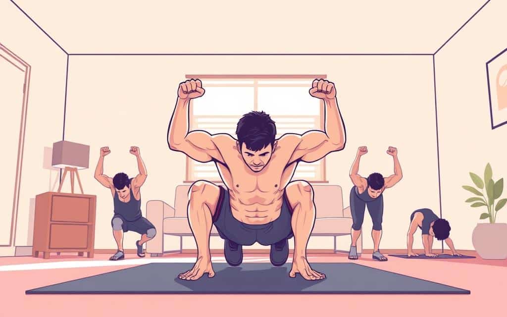 A minimalistic yet powerful scene of an individual performing a series of bodyweight exercises in a well-lit home environment. The subject is positioned in the foreground, their muscles engaged as they execute a variety of upper body movements, such as pushups, dips, and tricep extensions. The middle ground features a clean, uncluttered space with neutral-toned walls, allowing the viewer's focus to remain on the exerciser. The lighting is soft and diffused, creating a sense of warmth and clarity. The overall mood is one of determination, strength, and the empowerment of a simple, equipment-free workout routine.