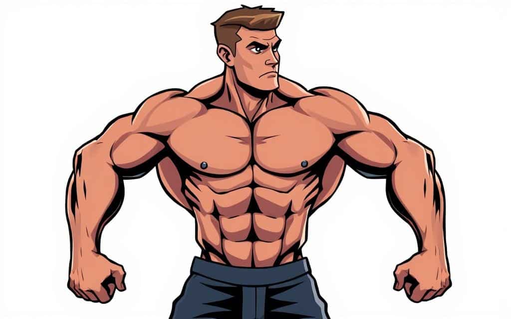 A muscular figure stands in a powerful stance, muscles rippling beneath taut skin. Dramatic side lighting casts deep shadows, accentuating the contours of the body. The model's expression is one of focused determination, eyes fixed ahead. The background is minimalist, with a plain gray or white backdrop that allows the subject to take center stage. The overall composition conveys a sense of strength, discipline, and the potential for transformation through a beginner-friendly strength routine.