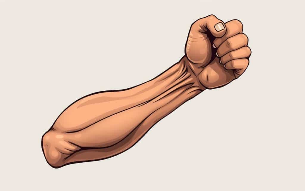 A muscular male forearm in a dynamic, tensed pose against a plain, neutral background. Captured in crisp, high-resolution detail from a slightly low angle, with dramatic lighting casting dramatic shadows and highlights to accentuate the intricate musculature and veins. The skin has a natural, healthy glow, and the angle showcases the full range of motion and power potential of the forearm. The overall atmosphere conveys the importance of strong, functional forearms for everyday life, strength training, and athletic performance.