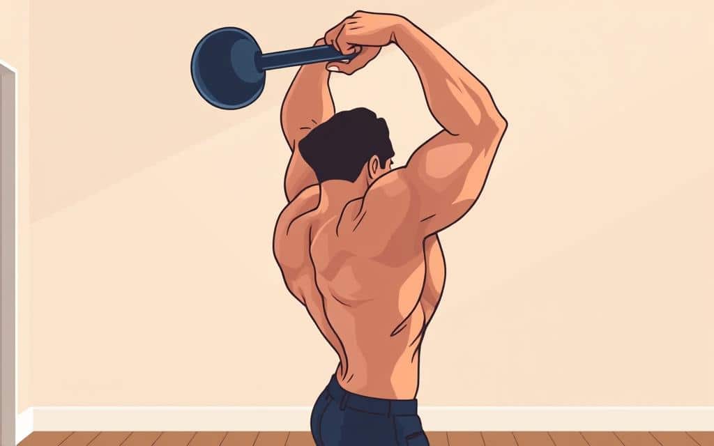 A muscular person performing a dynamic kettlebell swing in a well-lit home gym. The figure is seen in profile, with the kettlebell raised overhead, showcasing the full-body engagement required for this exercise. The background is minimalist, with a plain wall or wooden floor, allowing the focus to remain on the subject's form and the powerful motion of the kettlebell. The lighting is soft and natural, creating defined shadows and highlights that accentuate the contours of the body. The overall atmosphere is one of strength, control, and the effective total-body workout that kettlebell training provides.