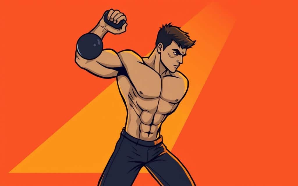 A muscular person performing a powerful kettlebell swing, with their body in a dynamic, fluid motion. The subject is illuminated by warm, directional lighting, casting dramatic shadows that accentuate the movement and muscular definition. The background is clean and minimalist, allowing the viewer to focus on the exercise technique. The overall mood is one of strength, energy, and the benefits of incorporating kettlebell swings into a fitness routine.