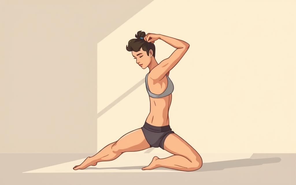 A person stretching and limbering up, preparing for a core workout. Soft, natural lighting illuminates the scene from the side, creating subtle shadows and highlights. The subject is in the foreground, with a neutral background that allows the focus to remain on the pose and movements. The model's body is in a dynamic, fluid position, conveying the idea of starting smart and listening to one's body before engaging in exercise. The atmosphere is serene and calming, encouraging mindful preparation for a productive core workout to alleviate back pain.